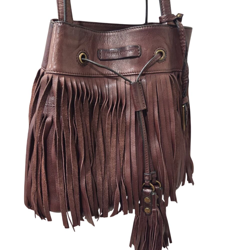 Frye Fringe Leather Hobo Bucket Bag | Boho Western Brown Tassel Purse - Picture 5 of 16